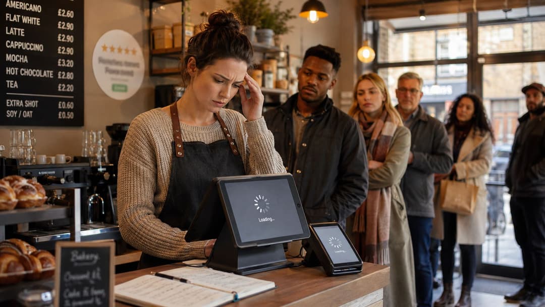 A frustrated coffee shop barista waits for a slow digital payment system while customers stand in line.