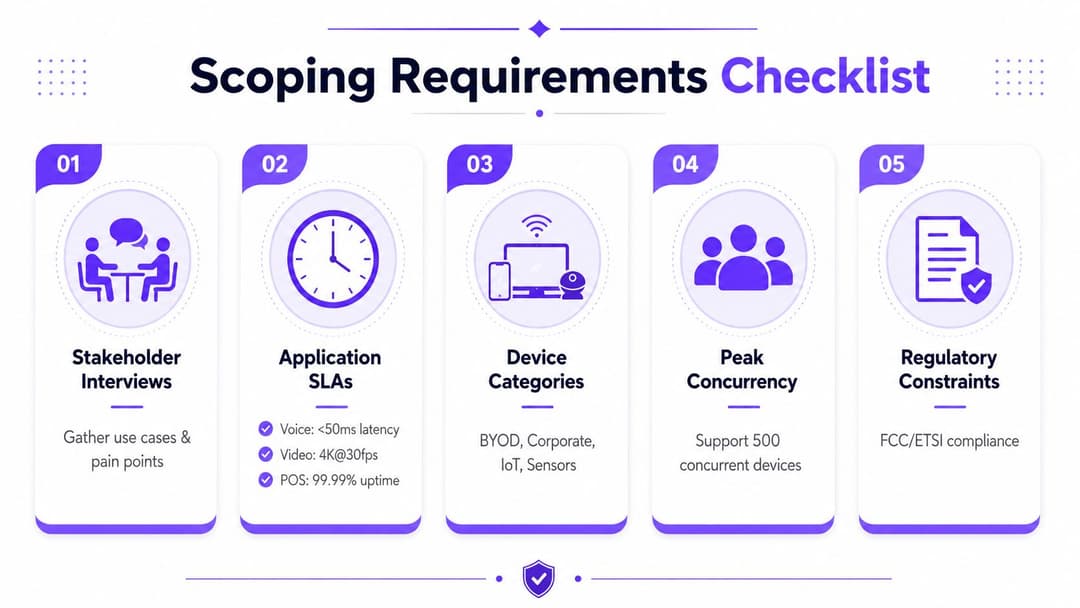 A checklist infographic outlining five essential steps for planning and scoping a wireless network deployment project successfully.