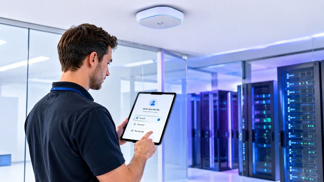 A technician holds a tablet showing identity verification in a modern enterprise data center server room.