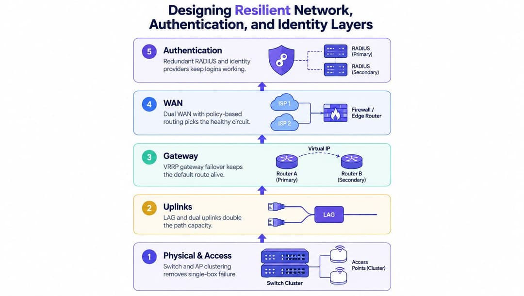 A diagram illustrating a five-layer framework for designing resilient network, authentication, and identity systems.