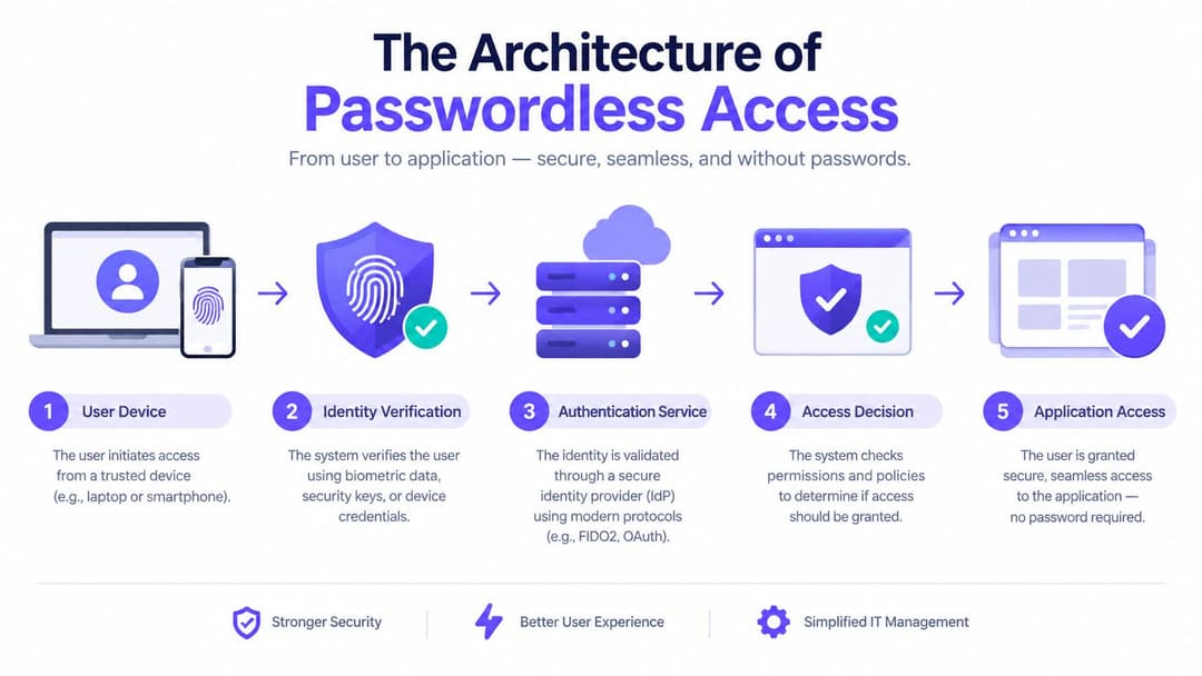 An infographic illustrating the five steps of the passwordless access authentication process from device to application.