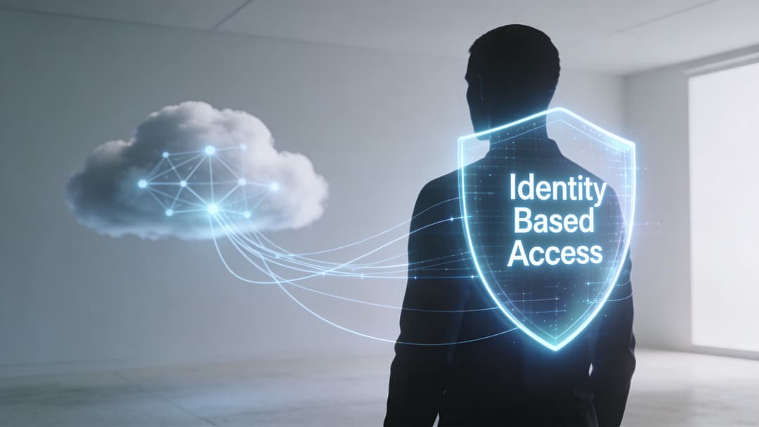 A silhouette of a person standing before a glowing digital shield representing identity based access in cloud