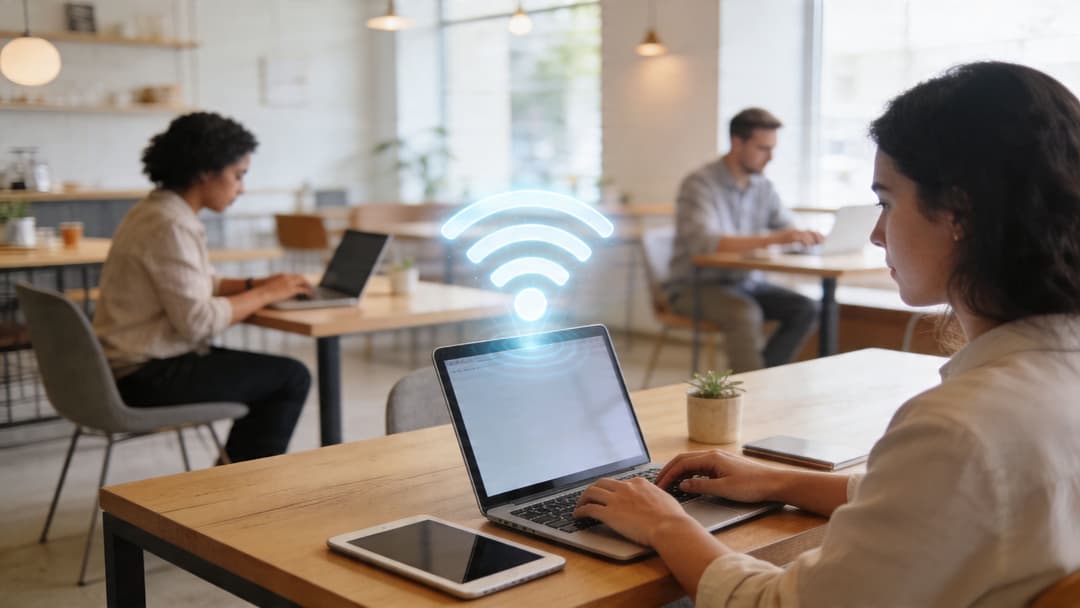 Uma mulher trabalhando em um laptop em uma cafeteria iluminada com um ícone digital de sinal de Wi-Fi.
