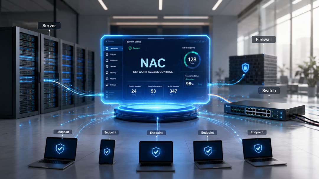 A digital visualization showing a Network Access Control system monitoring various servers, switches, and endpoints in a data center.