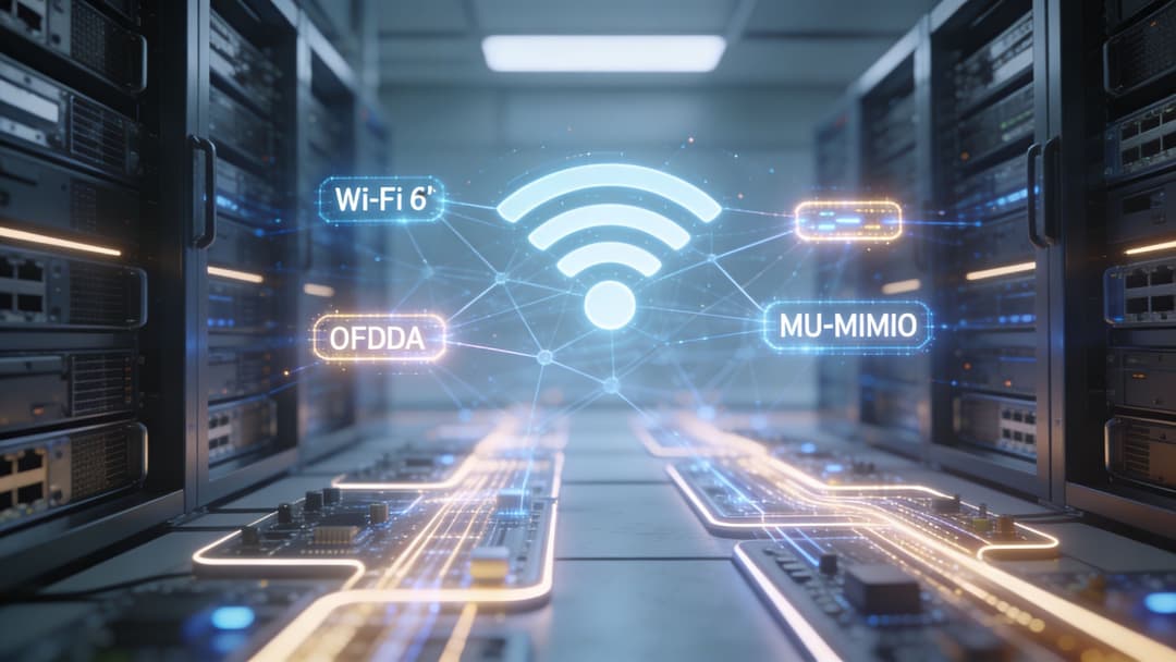 A digital graphic of a WiFi 6 symbol centered between server racks with technical labels.