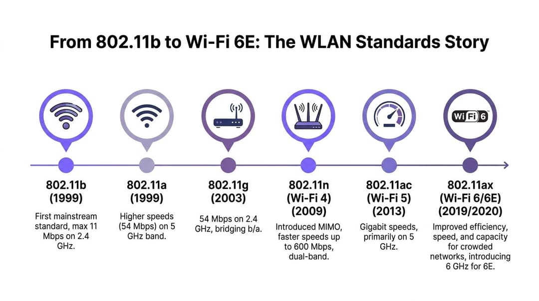 1999 में 802.11b से लेकर 2020 में WiFi 6E तक WiFi मानकों के विकास को दर्शाने वाला एक टाइमलाइन ग्राफिक।