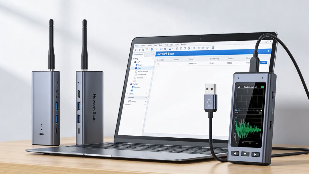 A professional network scanning device connected to a laptop on a wooden desk with antenna adapters.