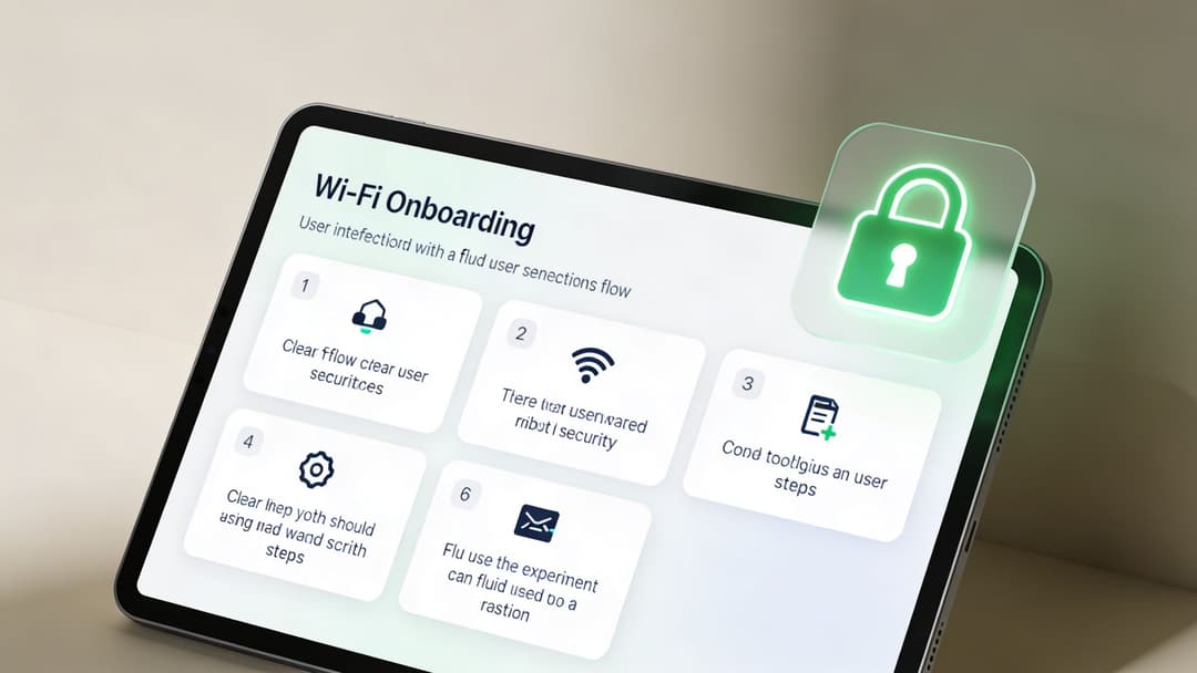 A digital screen showcasing a Wi-Fi onboarding process interface with step-by-step security configuration instructions.