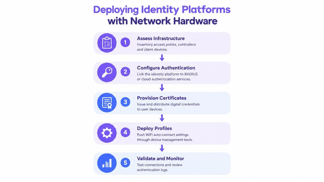 A five-step infographic showing the deployment process of identity platforms with network hardware in an organization.