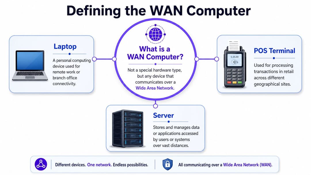 A diagram defining a WAN computer, showing a laptop, POS terminal, and server connected over a network.