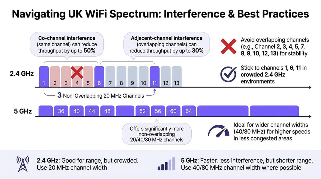 An infographic showing WiFi channel interference, optimal channel selection, and comparisons between 2.4 GHz and 5 GHz bands.