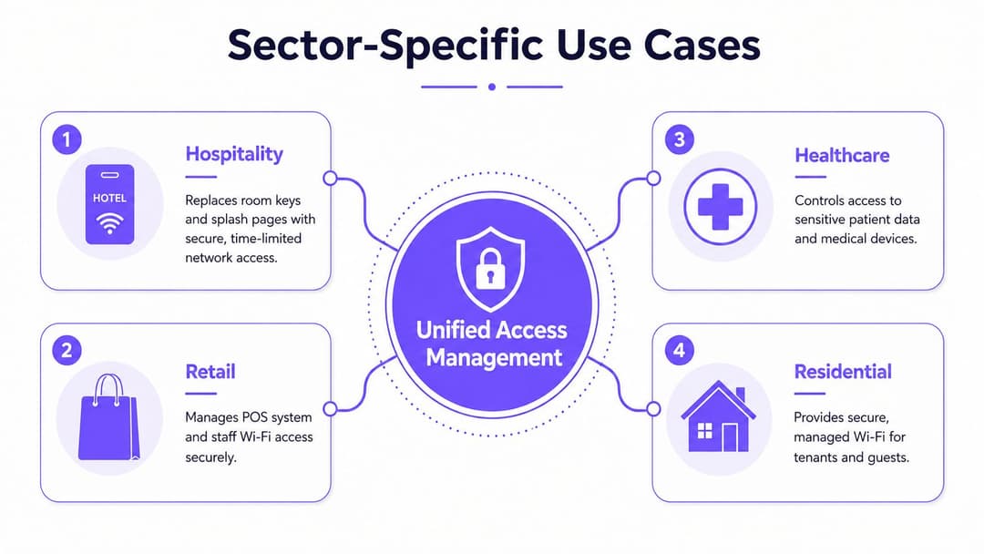A diagram illustrating four sector-specific use cases for unified access management: hospitality, retail, healthcare, and residential.