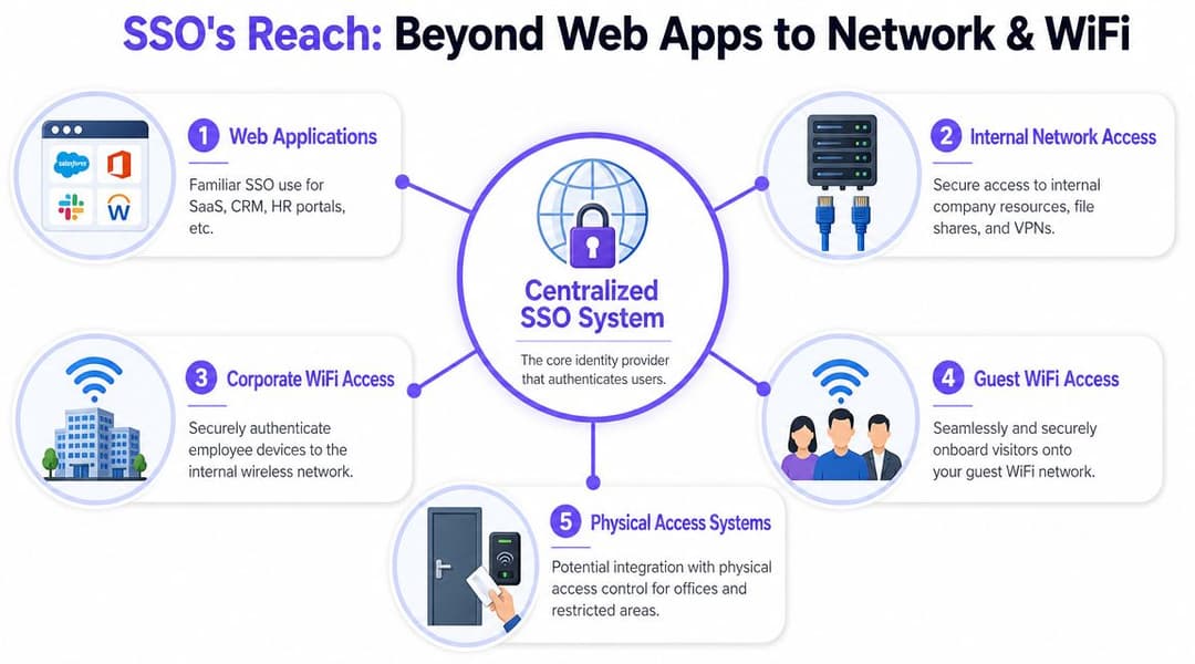 Um diagrama que ilustra como um sistema de single sign-on centralizado gere a autenticação para acesso web, de rede, WiFi e físico.