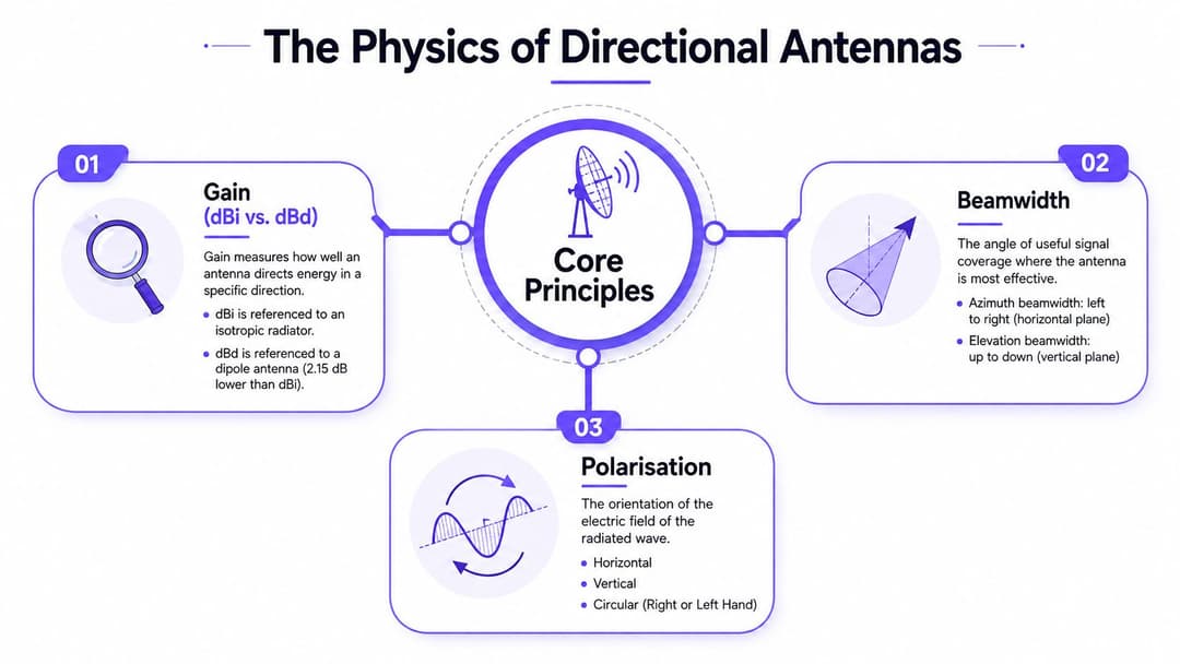 An infographic titled The Physics of Directional Antennas explaining core concepts like gain, beamwidth, and polarization.