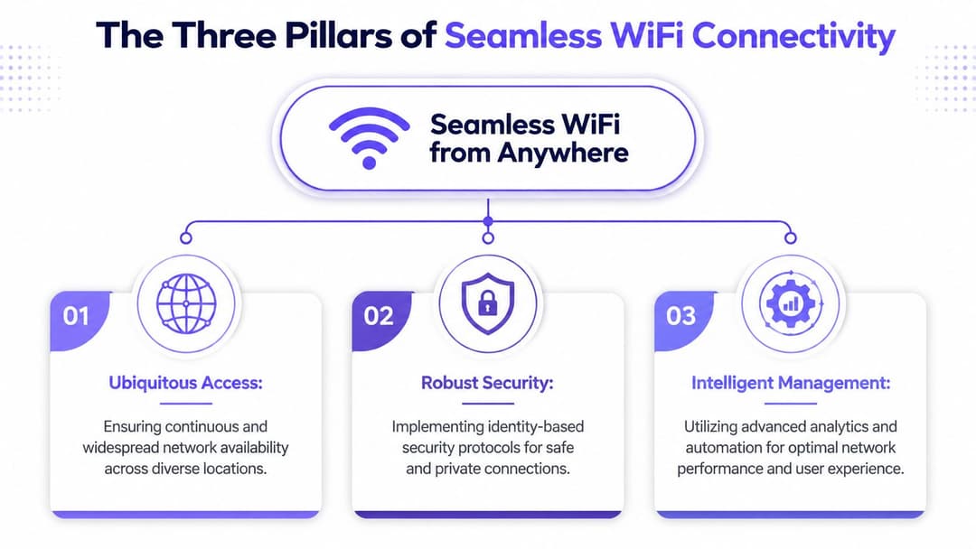 Ein Diagramm, das die drei Säulen nahtloser WiFi-Konnektivität veranschaulicht, darunter allgegenwärtiger Zugriff, robuste Sicherheit und intelligentes Management.