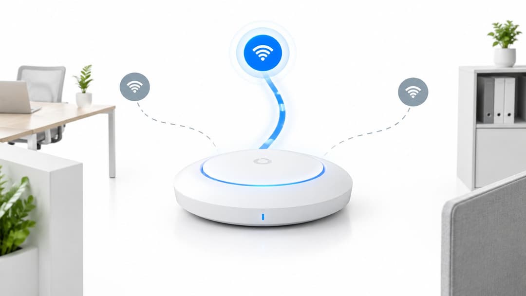 Un router inalámbrico moderno sobre una superficie blanca con iconos gráficos que ilustran la conectividad en una oficina.