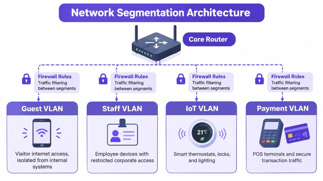 Un diagramma che illustra l'architettura di segmentazione della rete per un hotel, mostrando distinte VLAN gestite da un router principale.