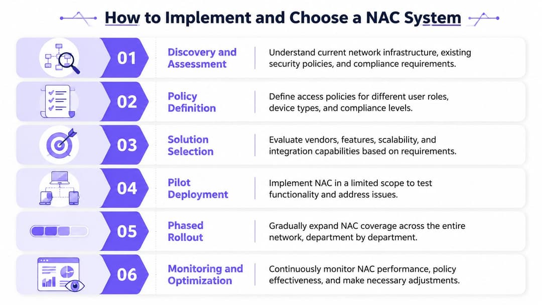 An infographic outlining six essential steps to implement and select a robust Network Access Control system.