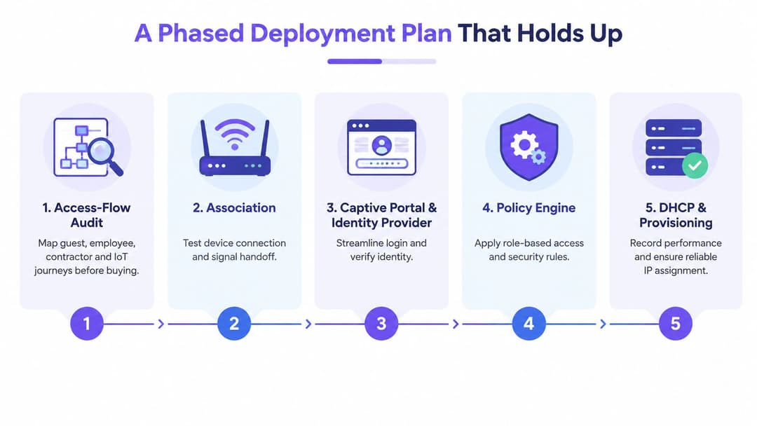 A five-step phased deployment plan infographic illustrating the process of mapping, testing, and securing network access.