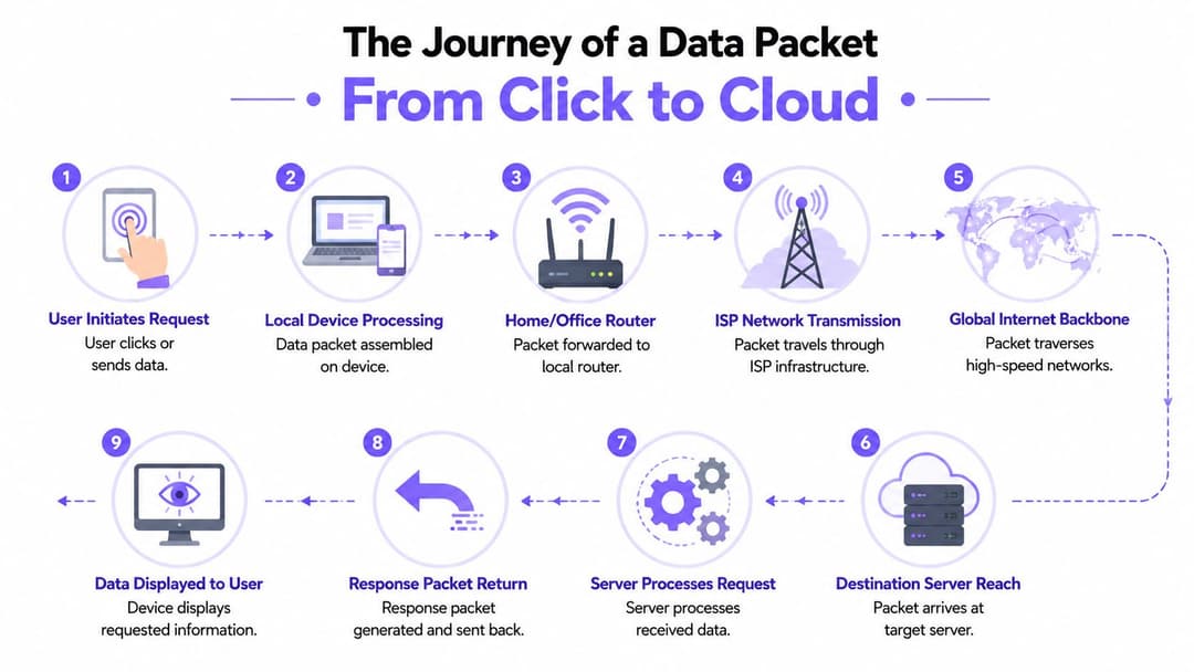 A nine-step infographic illustrating the journey of a data packet from user initiation to information display.