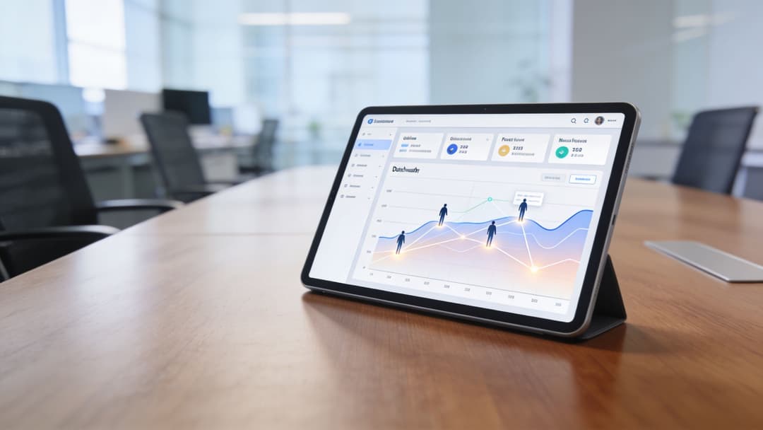 A digital tablet displaying a business analytics dashboard sits on a wooden meeting room table in an office.