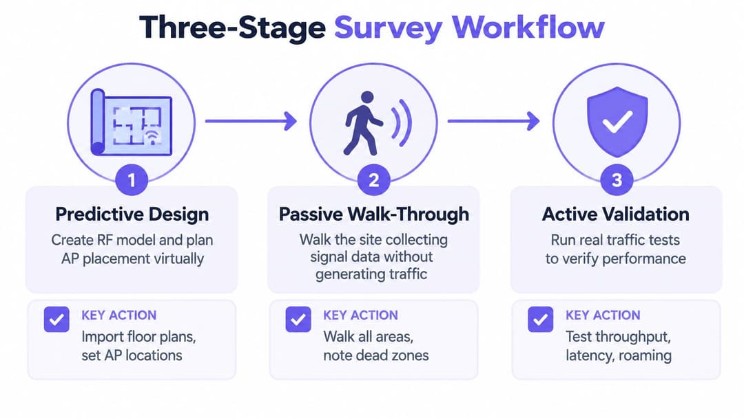 A diagram illustrating a three-stage wireless network survey workflow including predictive design, passive walk-through, and active validation.