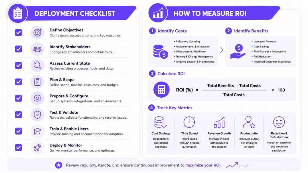 Una infografía que detalla una lista de verificación de implementación y pasos para medir el ROI para estrategias de mejora e implementación empresarial.