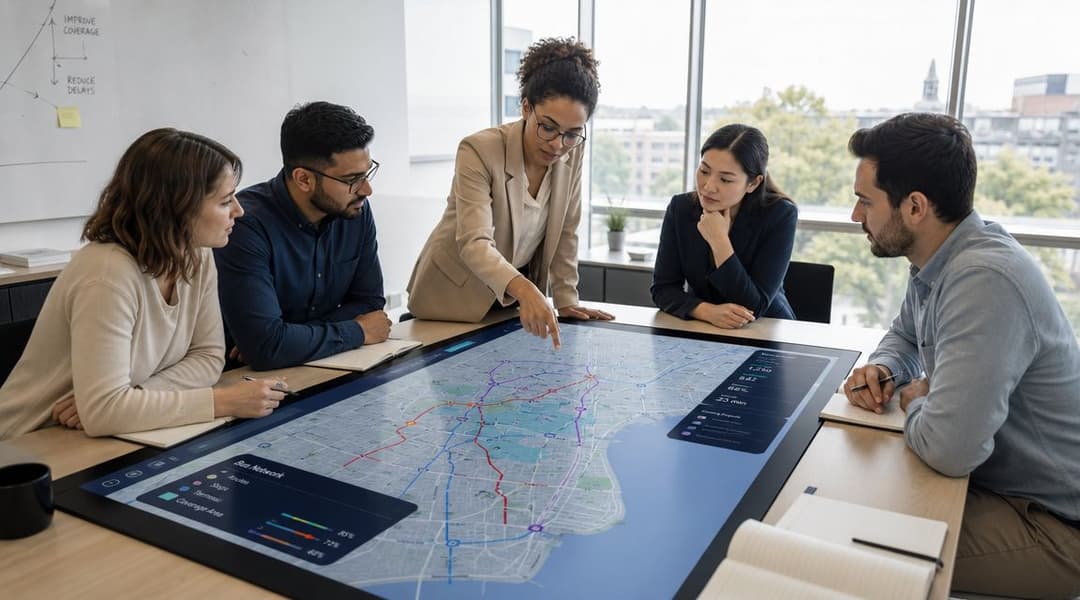 Uma equipa profissional reúne-se em redor de uma mesa tátil digital para discutir o planeamento de rotas da rede de autocarros urbanos.