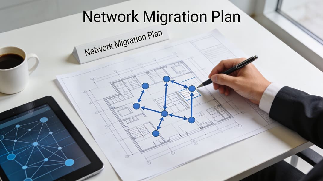 A professional analyzing a network migration plan layout with a blueprint on a white desk.