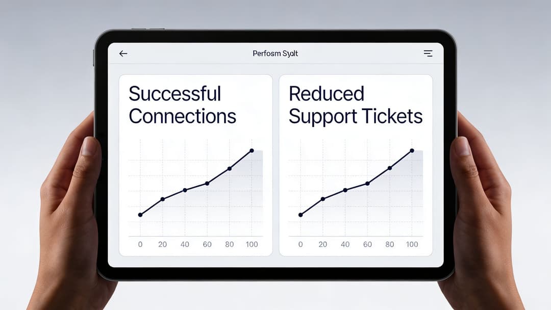 A tablet screen displaying two upward trending line graphs illustrating successful connections and reduced support tickets.