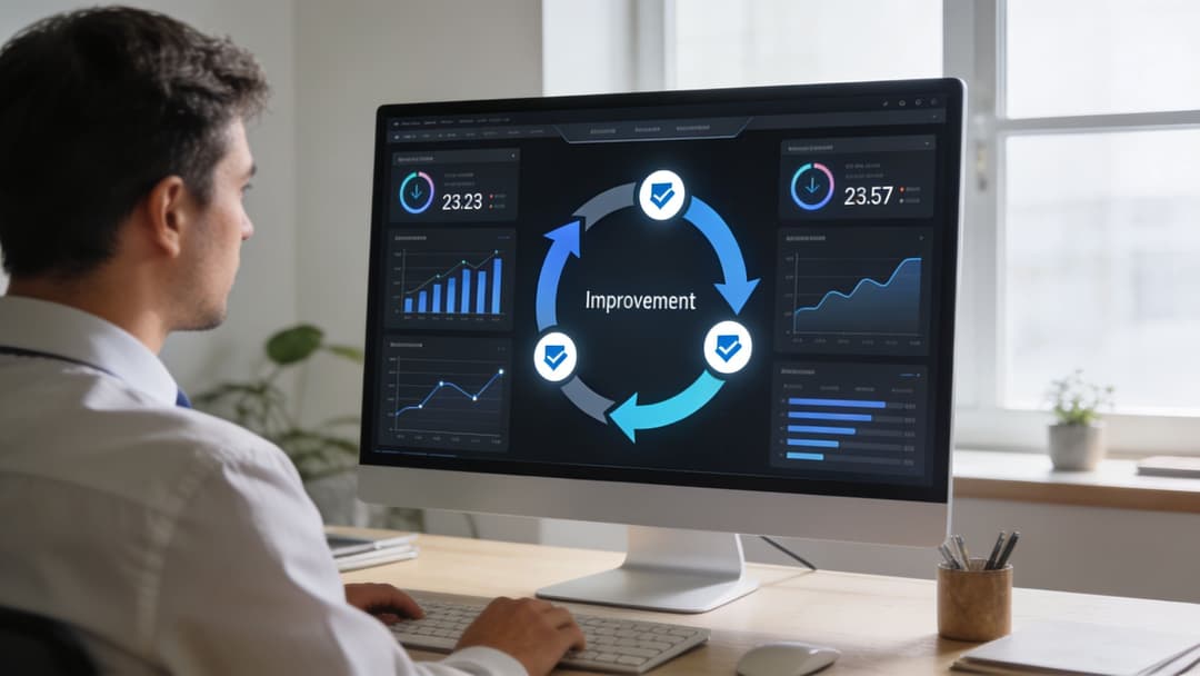 A professional analyzing data and performance improvement metrics on a computer screen in a modern office.