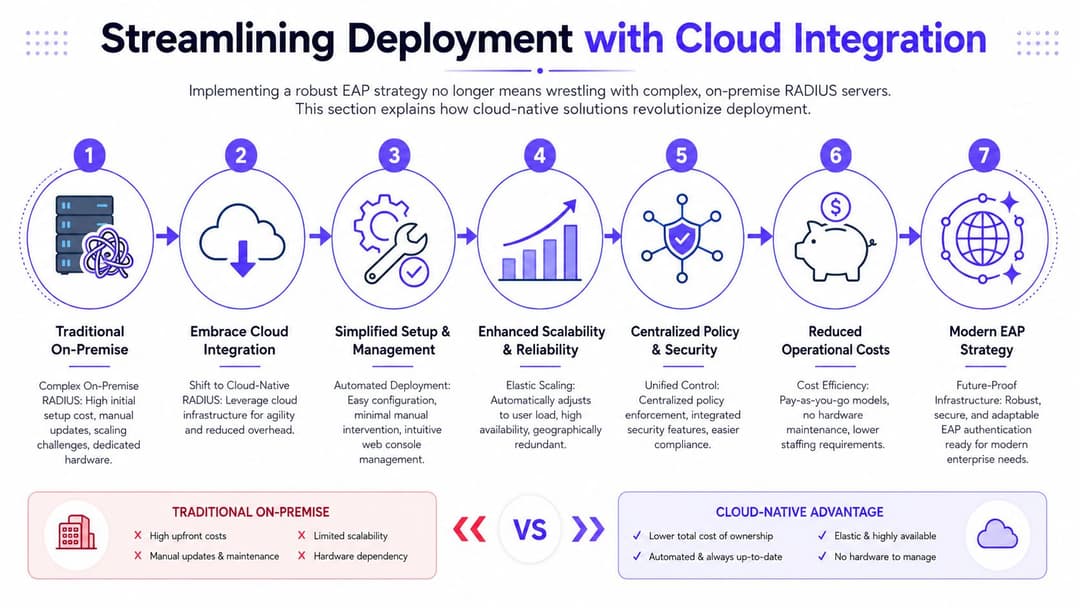 A diagram illustrating the seven-step transition from traditional on-premise RADIUS servers to modern cloud-native EAP deployment strategies.