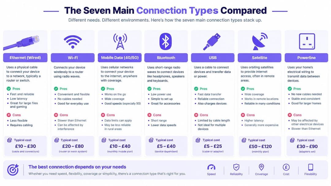 Un cuadro comparativo que describe los siete tipos principales de conexión, incluidos Ethernet, WiFi, datos móviles, Bluetooth, USB, satélite y Powerline.