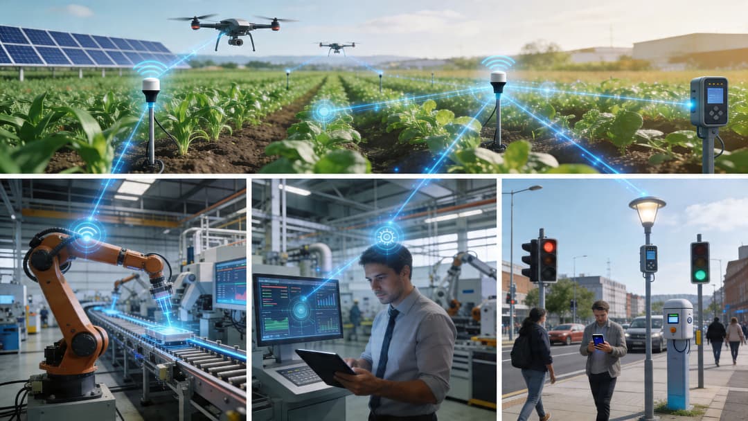 Una imagen compuesta que muestra la tecnología IoT en entornos de agricultura, fabricación e infraestructura de ciudades inteligentes.