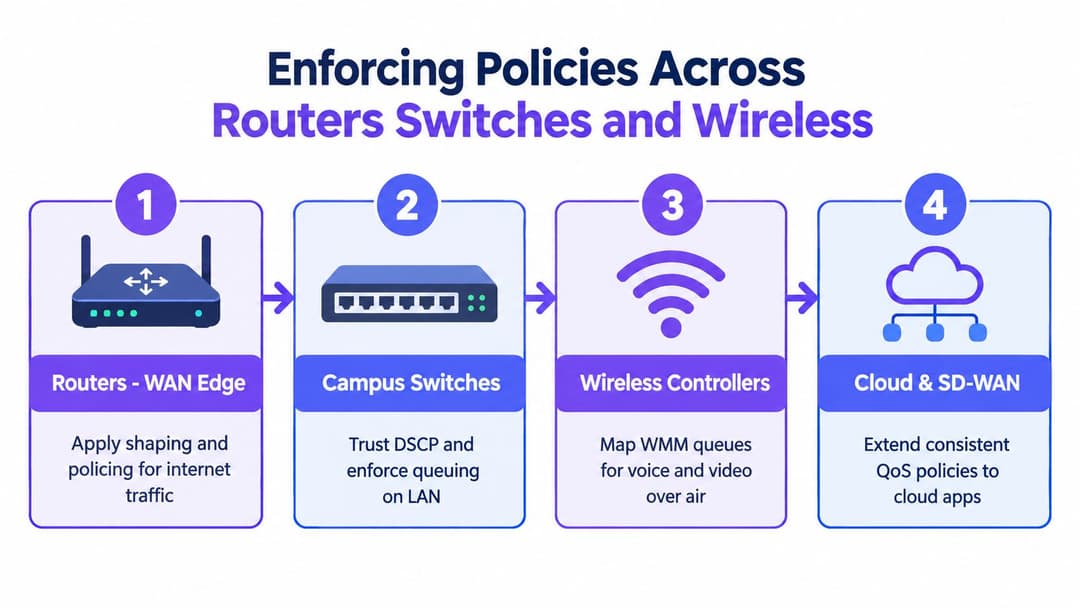 Un diagrama que ilustra un proceso de cuatro pasos para aplicar políticas de tráfico de red a través de routers, switches y sistemas de WiFi.