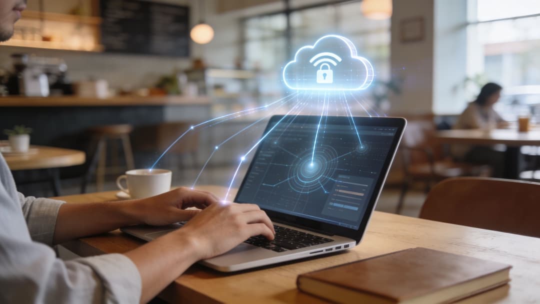 A person working on a laptop with a digital cloud security icon hovering above the screen.