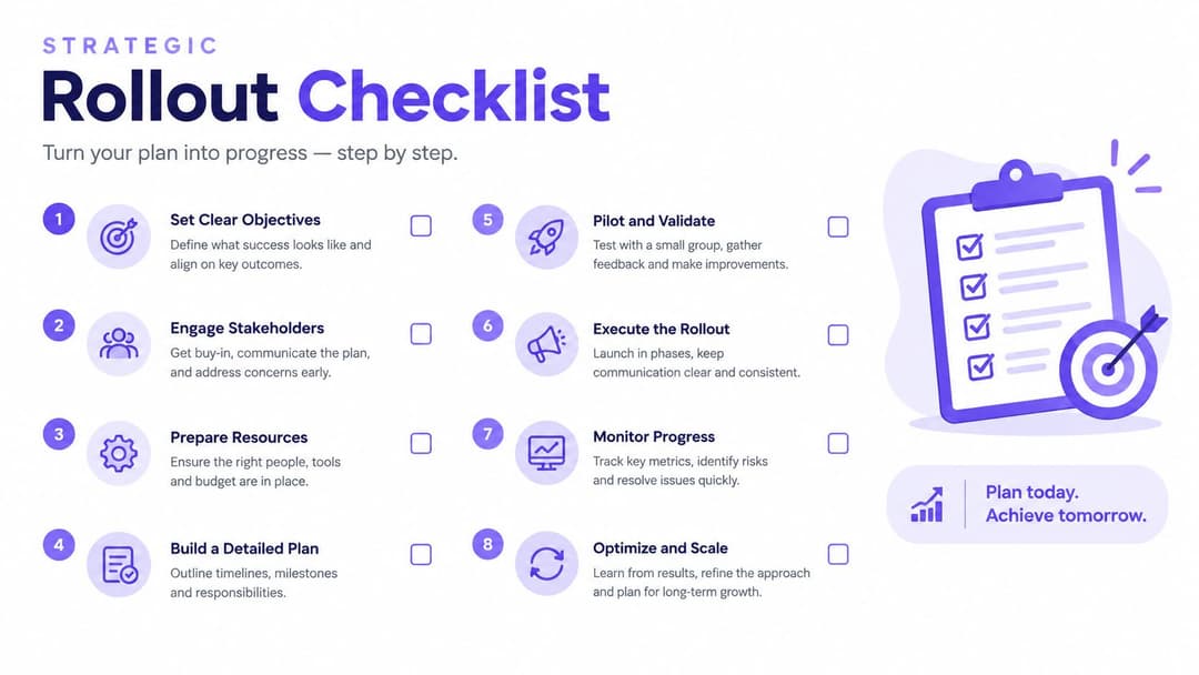 A strategic rollout checklist infographic featuring eight numbered steps for successful business implementation and project management.