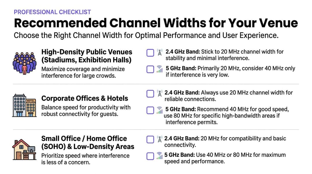 A professional guide showing recommended Wi-Fi channel width settings for various environments like stadiums, offices, and homes.