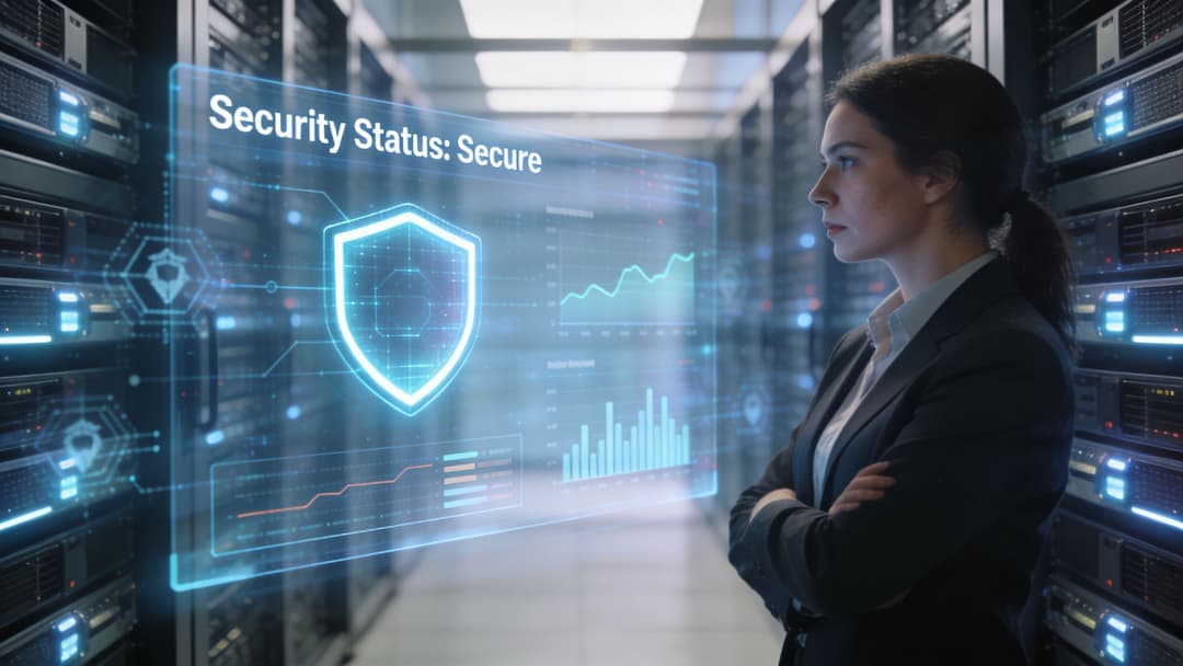 A professional woman monitoring a digital security interface in a modern server room, indicating a secure system status.