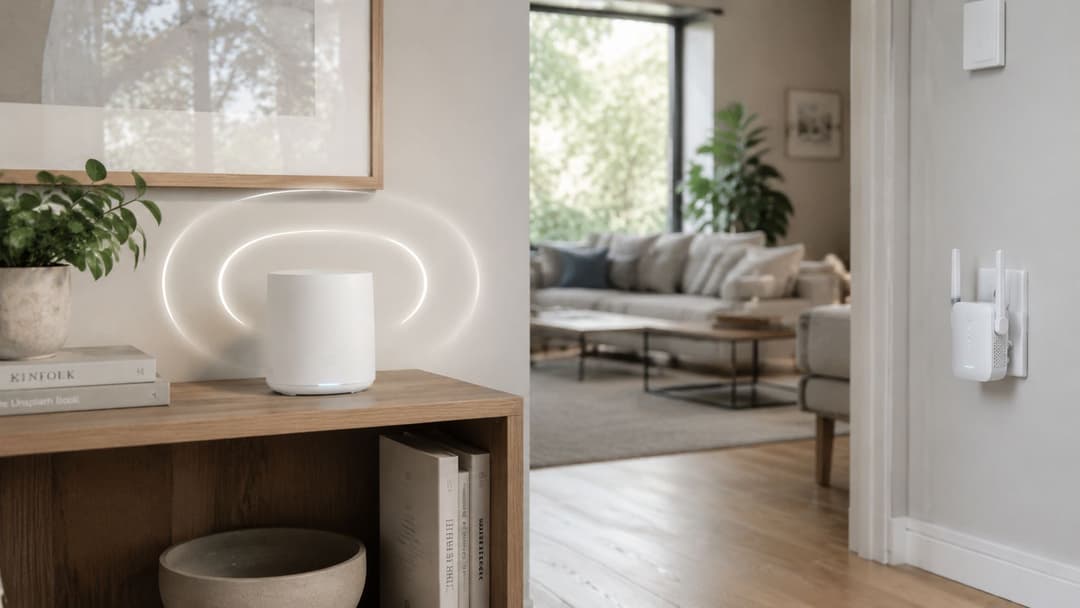 Un routeur WiFi blanc moderne sur une étagère connecté à un répéteur de signal branché sur une prise murale.