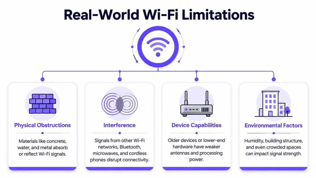 Un diagramme illustrant quatre facteurs courants qui nuisent aux performances et à la force du signal WiFi réel.