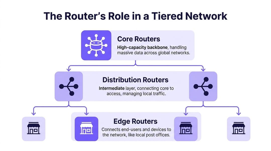 A diagram illustrating the three-tier hierarchy of routers in a network: core, distribution, and edge routers.