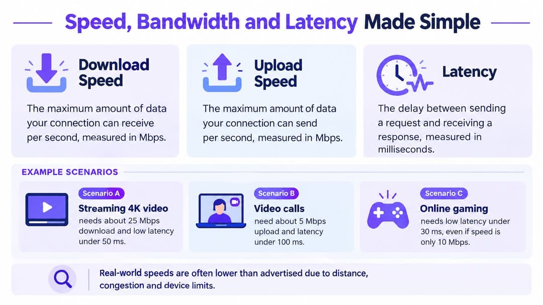 Um infográfico explicando a velocidade da internet, largura de banda e latência com exemplos para streaming, chamadas de vídeo e jogos.