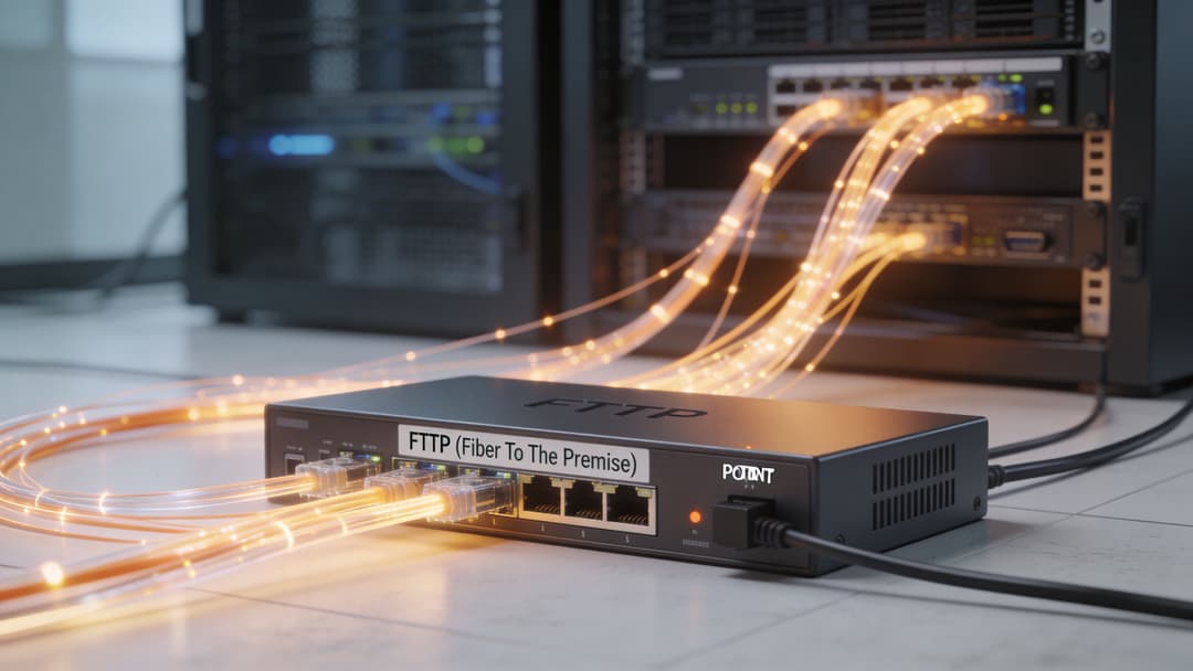 Um dispositivo moderno de fibra óptica FTTP conectado a um rack de servidor com cabos de luz brilhantes e luminosos.