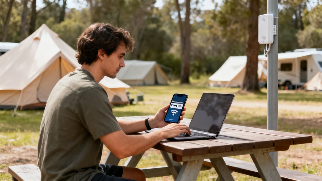Un hombre trabaja en un portátil y en un smartphone con 'Camp WiFi' en una mesa de picnic en un camping.