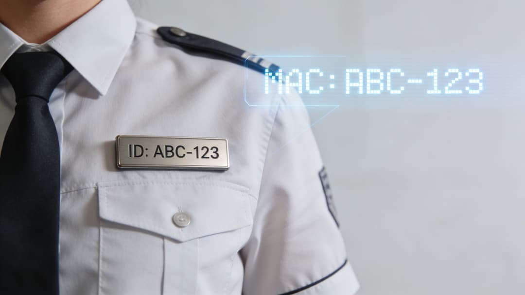A close-up of a security guard uniform displaying a digital holographic MAC address next to an ID badge.