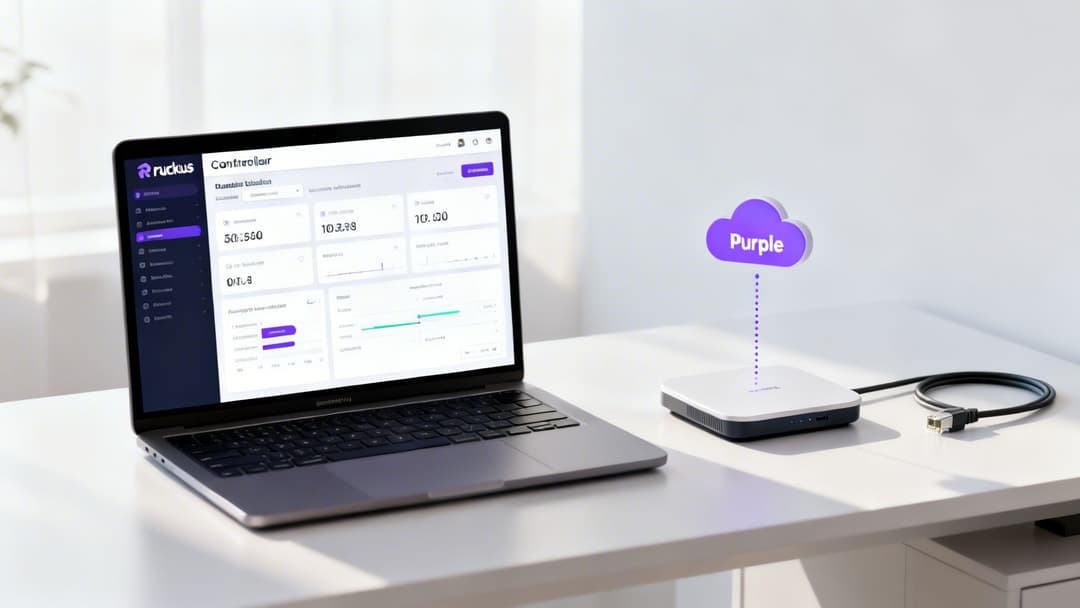 A laptop displays the Ruckus Controller interface next to a network device connected to a purple cloud icon.