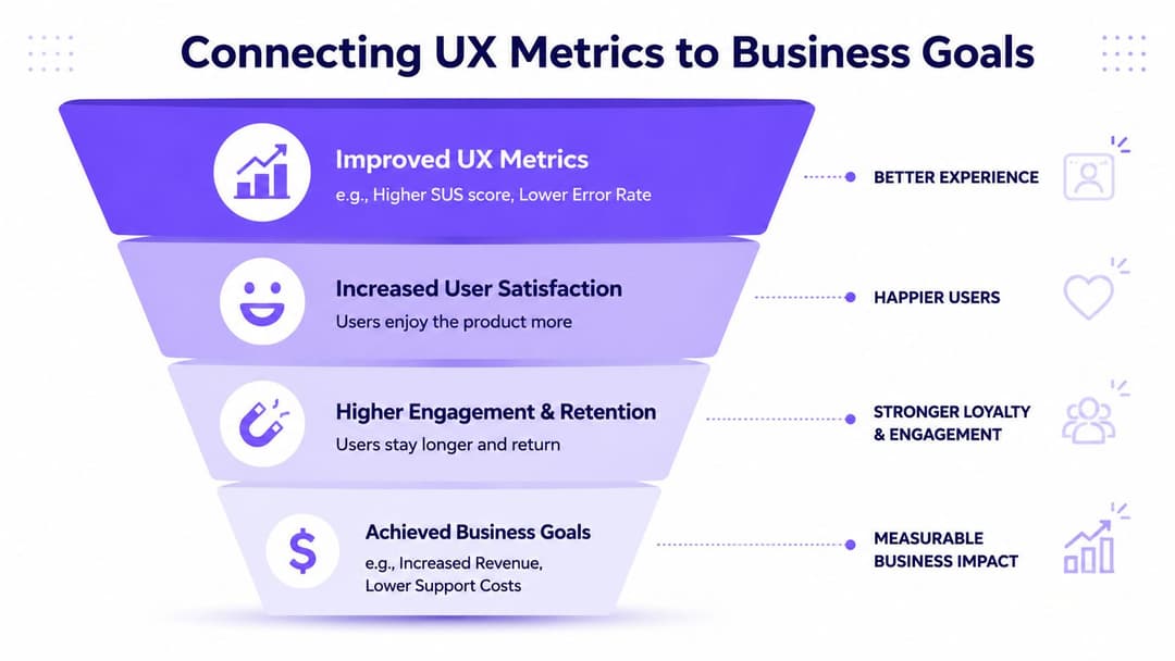 Ein Trichterschnitt-Diagramm, das zeigt, wie die Verbesserung von UX-Metriken zu höherer Nutzerzufriedenheit, Kundenbindung und Geschäftswachstum führt.