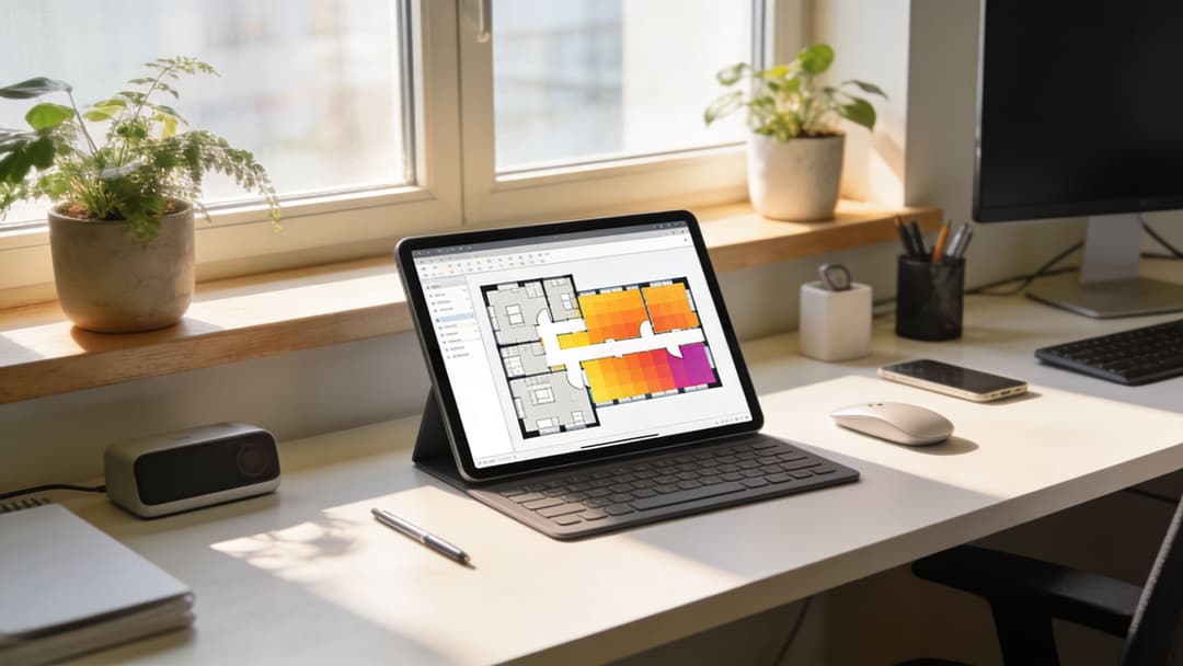 Un tablet su una scrivania mostra una mappa di calore colorata della planimetria che illustra la copertura del segnale WiFi indoor.