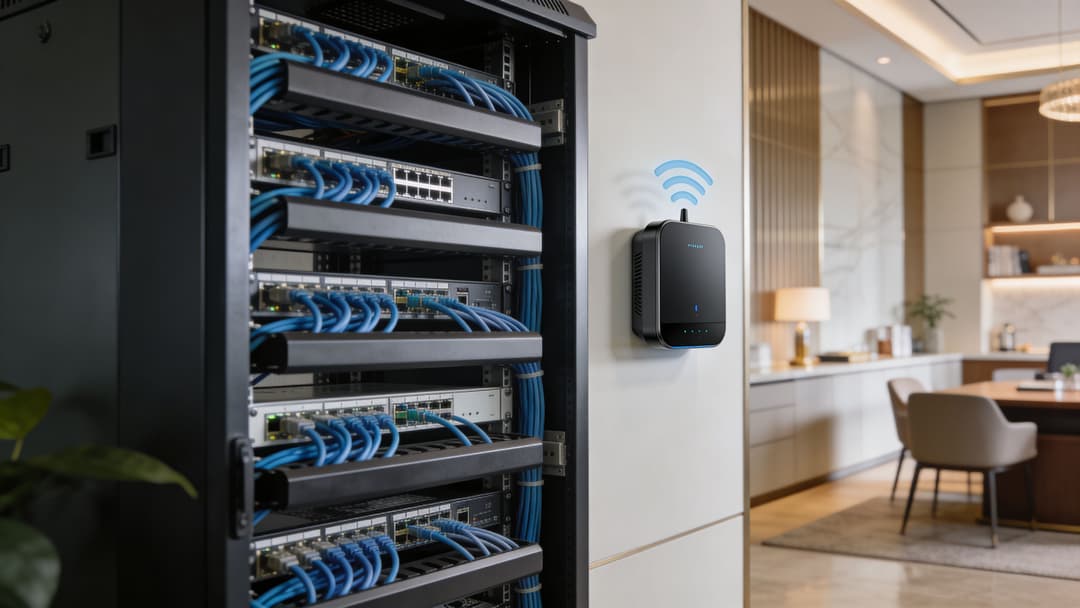 A modern network server rack with blue Ethernet cables next to a wall mounted Wi-Fi device.